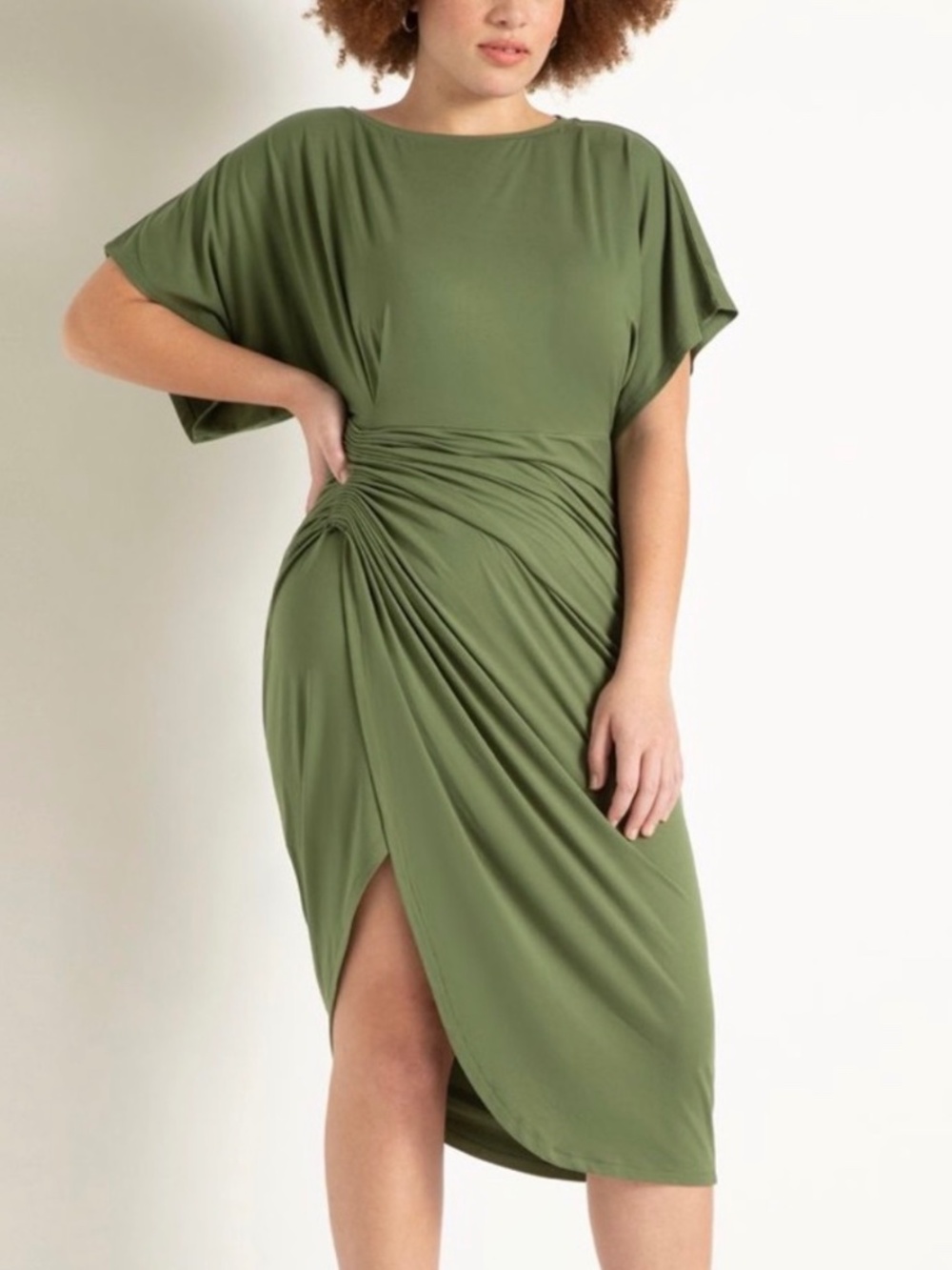 Eloquii Olive Green Ruched Side Draped Midi Dress Size 22 Short Sleeve Jersey